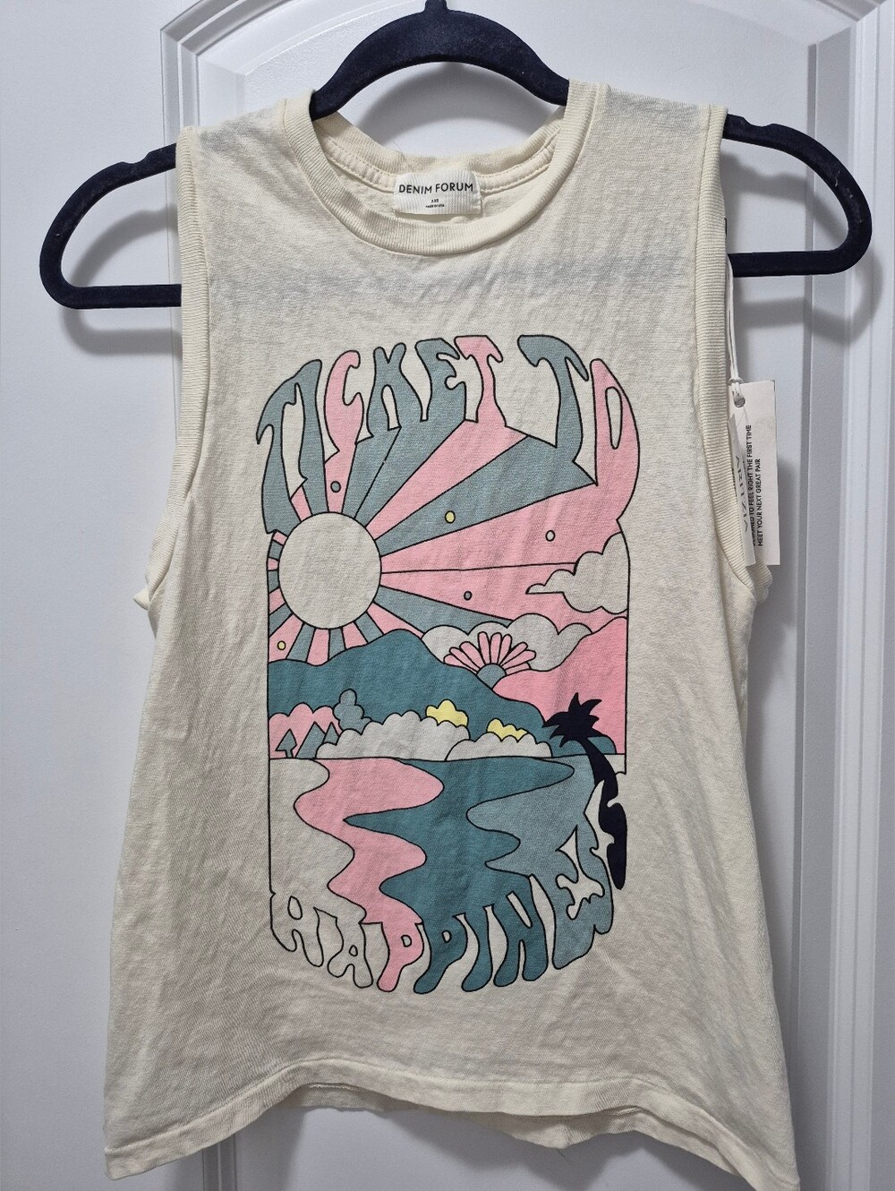NWT Denim Forum Debbie Muscle Graphic Tank, XXS, Cream
